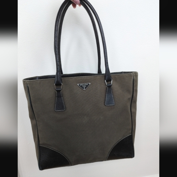 Prada dark olive green canvas and black leather shoulder bag - Picture 1 of 17
